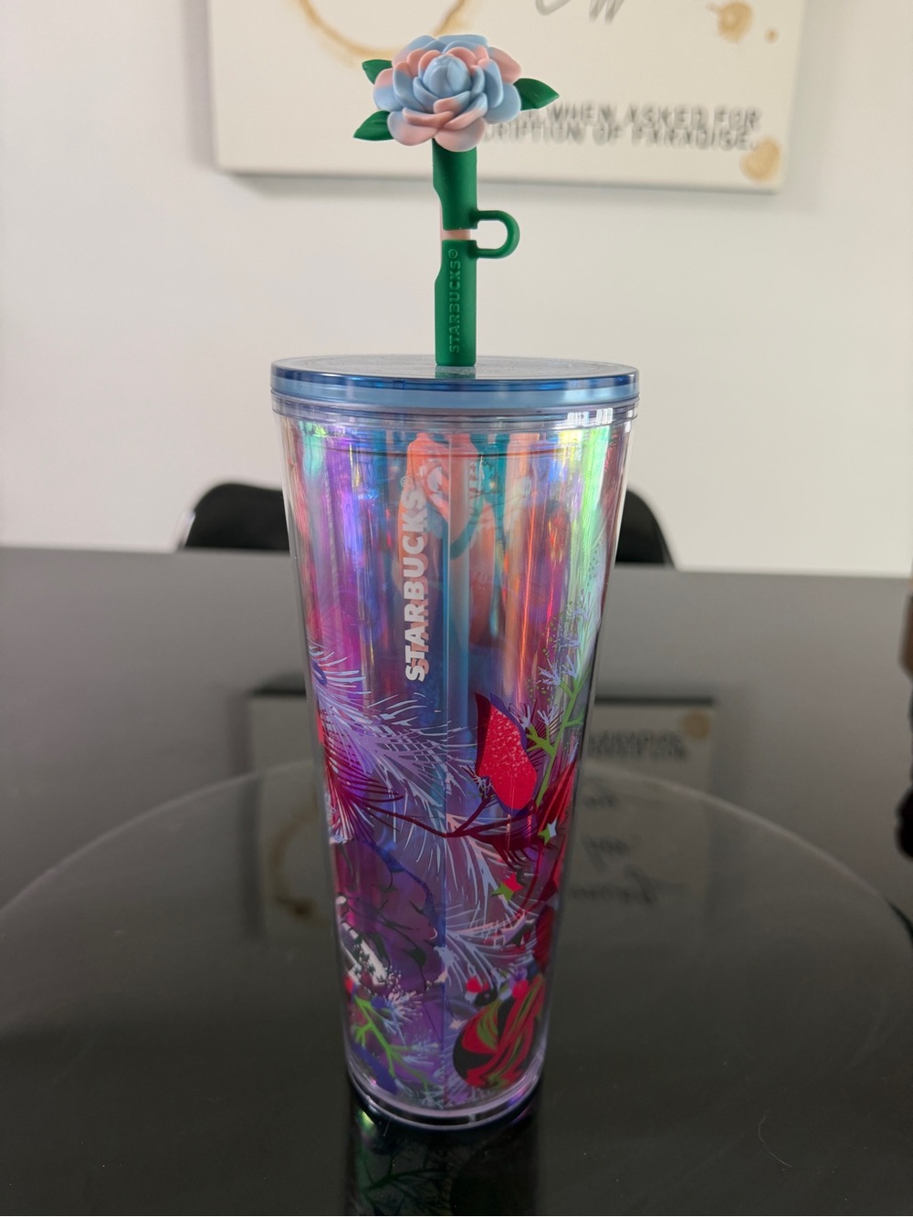 NWT Starbucks Venti Iridescent Floral Cold Cup with Flower Topper